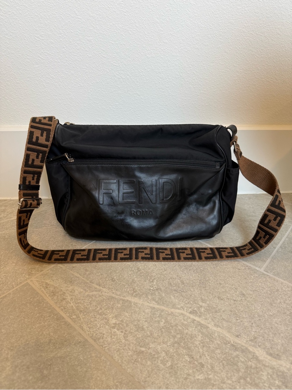 Fendi Black Leather Messenger Bag with Brown FF Jacquard Strap